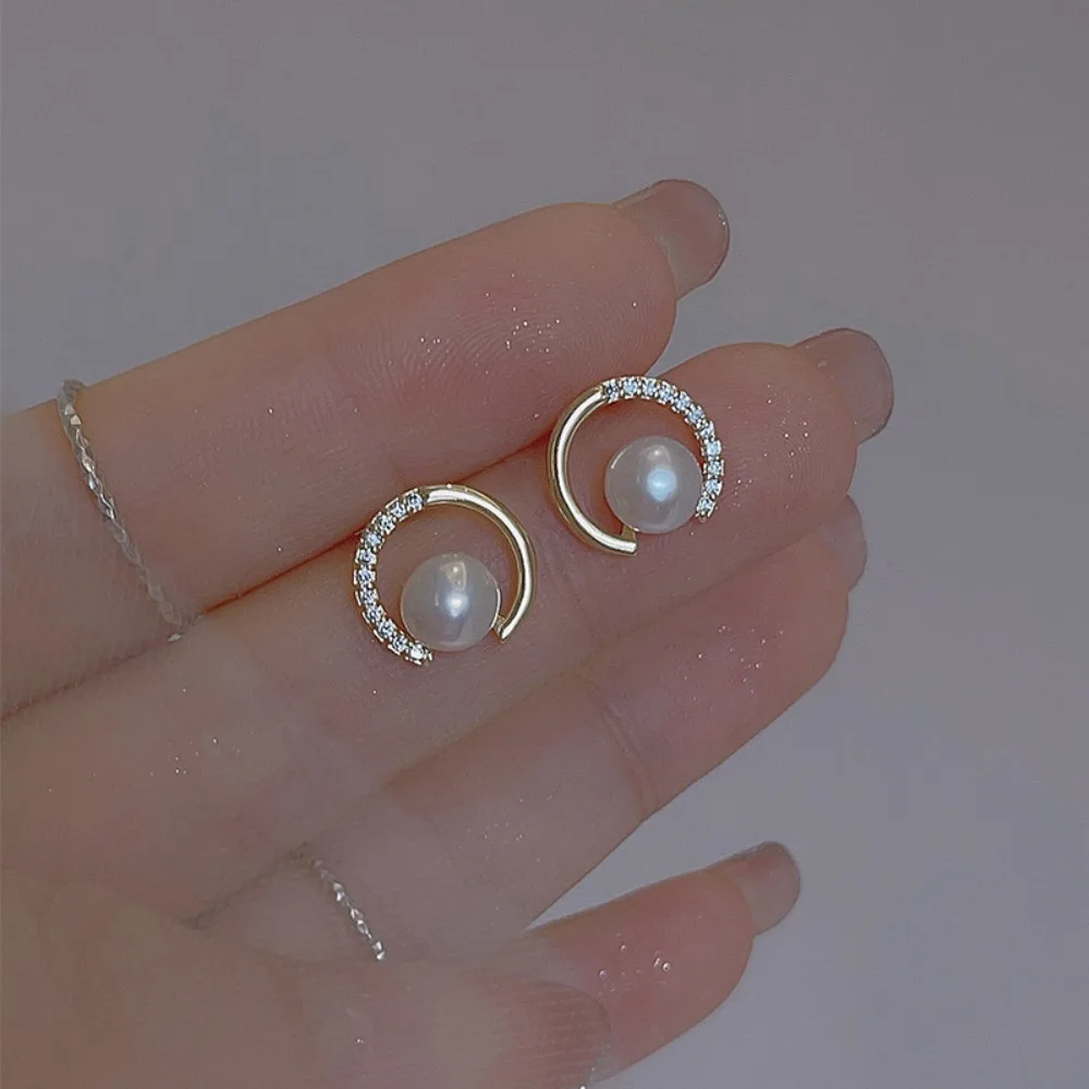 الكورية رائعة 925 فضة تألق مايكرو مطعمة الزركون قوس على شكل اللؤلؤ وأقراط للنساء العصرية مجوهرات Charm #1