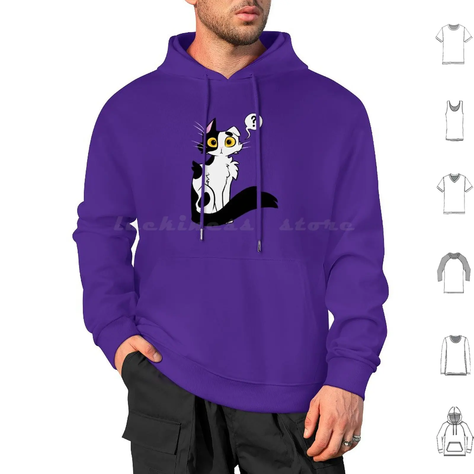 This Kitty Is Confused Hoodies Long Sleeve Cat Cats Black And White Puss Question Mark Kitty Confused Cute Chibi