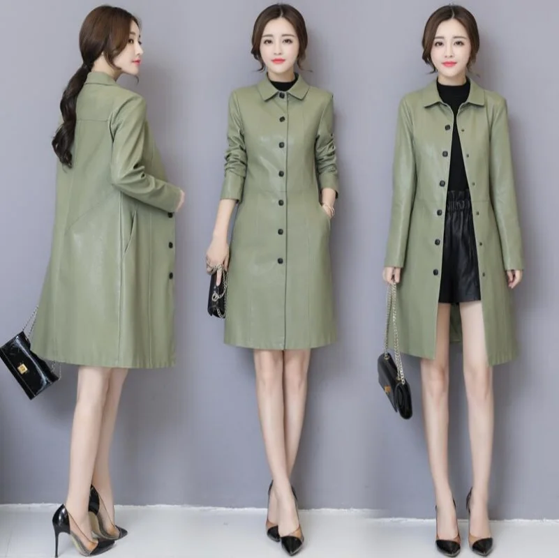 Women Leather Trench Coat Casual Fashion O-Neck Single Breasted Loose Sheepskin Tops Coat Long Outerwear Split Leather