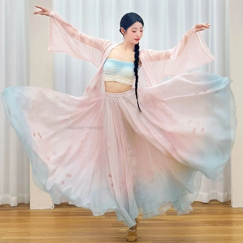 Chinese Style Peach Blossom Print Powder Blue Gradient full-skirted Tulle Dress Set Classical Dance Costume Fairy Dance Set