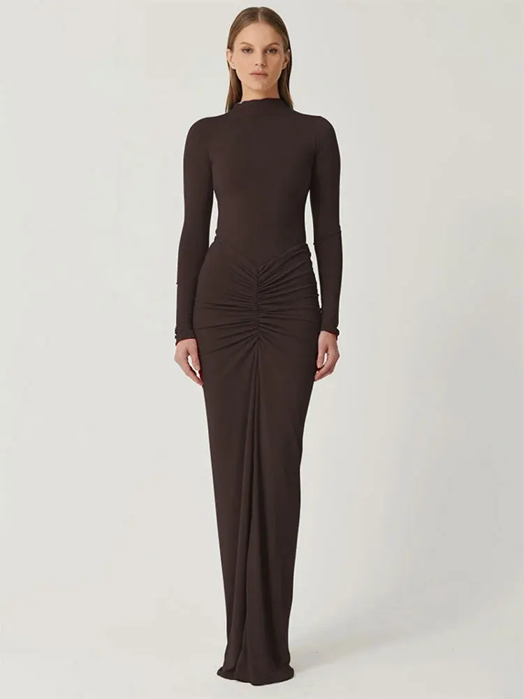 Seksowne czerwone sukienki damskie Jesień Nowa moda uliczna Fałdy O-Neck Długie rękawy Casual Slim Maxi Sukienka Elegancka damska sukienka z dzianiny — zdjęcie 5