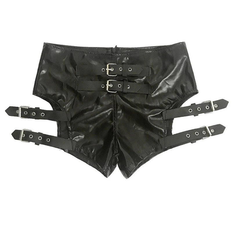 Sexy shorts de couro PU preto para senhoras, Lehosen artificial fivela de metal Y2K, tendência punk, roupa de boate, moda verão 2024