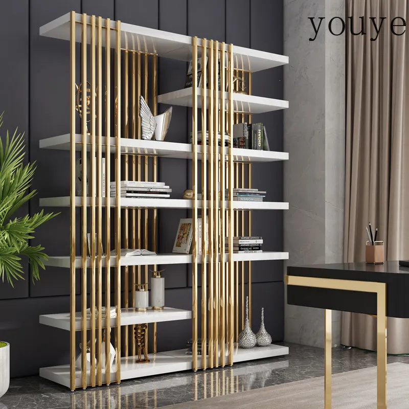 Light luxury bookshelf Floor-to-ceiling stainless steel bookcase Multi-layer partition display rack Living room shelf