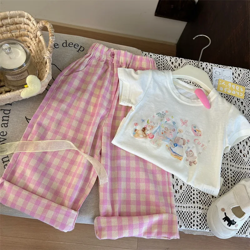 2 pezzi ragazze estate cartone animato t-shirt + rosa stampa Plaid pantaloni bambini Casual Pullover abiti Tees morbido Versatile Daliy