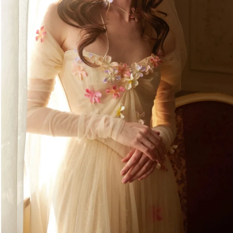 Embroidered Applique Party Dress With Shoulder Long Sleeves Formal Occasion Party Dress With Pleated Floor-Length Ball Dress