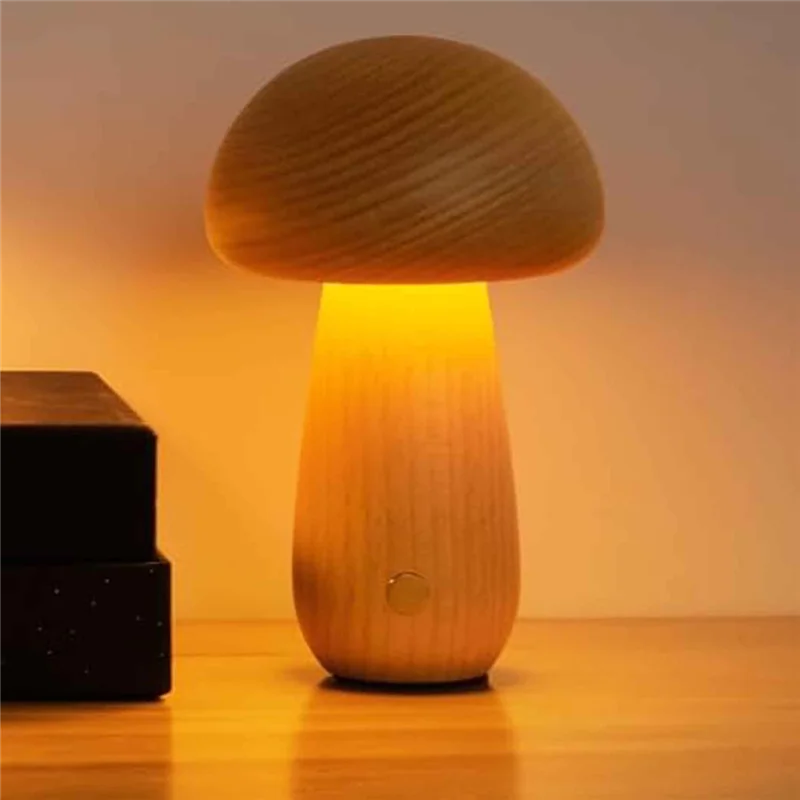 IALJ-Madeira criativa forma de cogumelo luz noturna lâmpada de mesa de cabeceira stepless escurecimento 3 cores recarregável luz de dormir nightlig