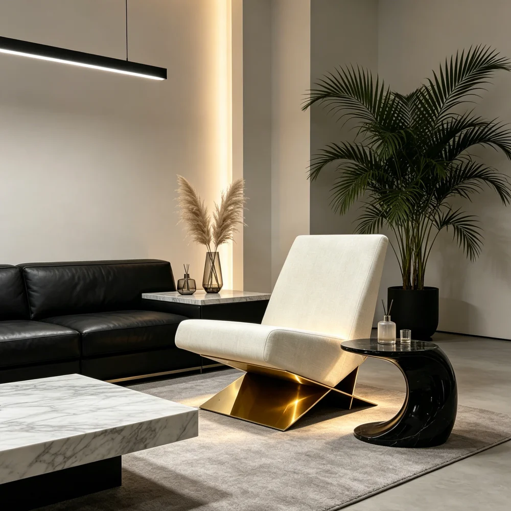 Modern Luxury Brass Geometric Frame Linen Eco-Friendly Ergonomic Armless Sculptural Design Lounge Chair for Living Room