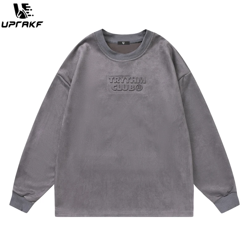 UPRAKF Vintage Embossed Suede Letter Hoodie Sweater Long Sleeve Casual Fashion Print American Style Pullover Long Sleeve