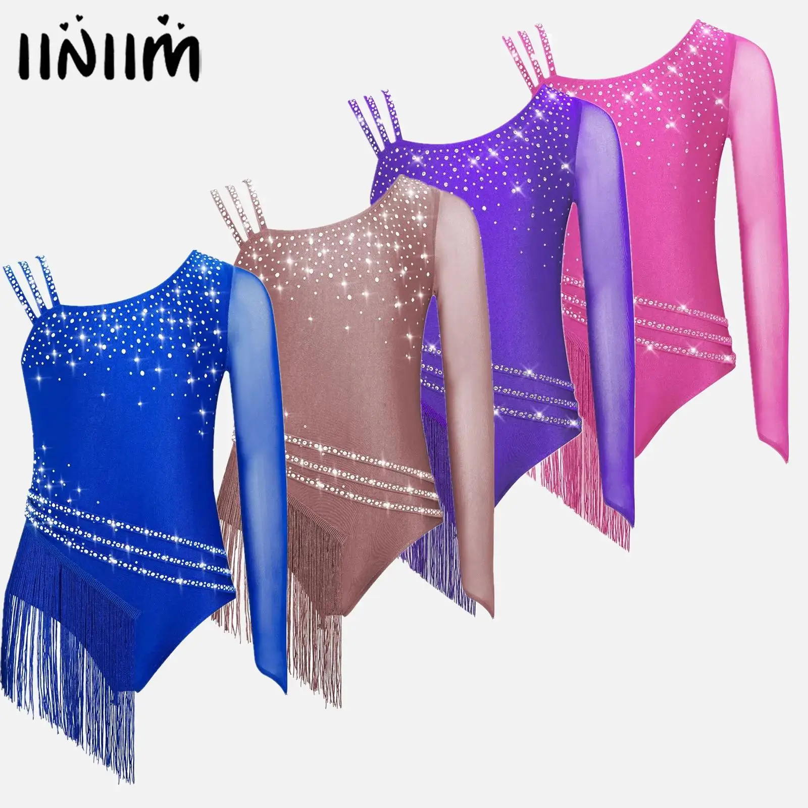 Kinderen meisjes glittery strass franje ballet jersey turnpakje kwastje bodysuit kunstschaatsen latin dansvoorstelling kostuum
