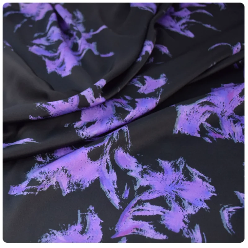 Black Bottom Purple Smudge Big Flower Print Thicken Imitation Acetate Satin Fabric, Dress Trousers Cheongsam Sewing Tissue, T124