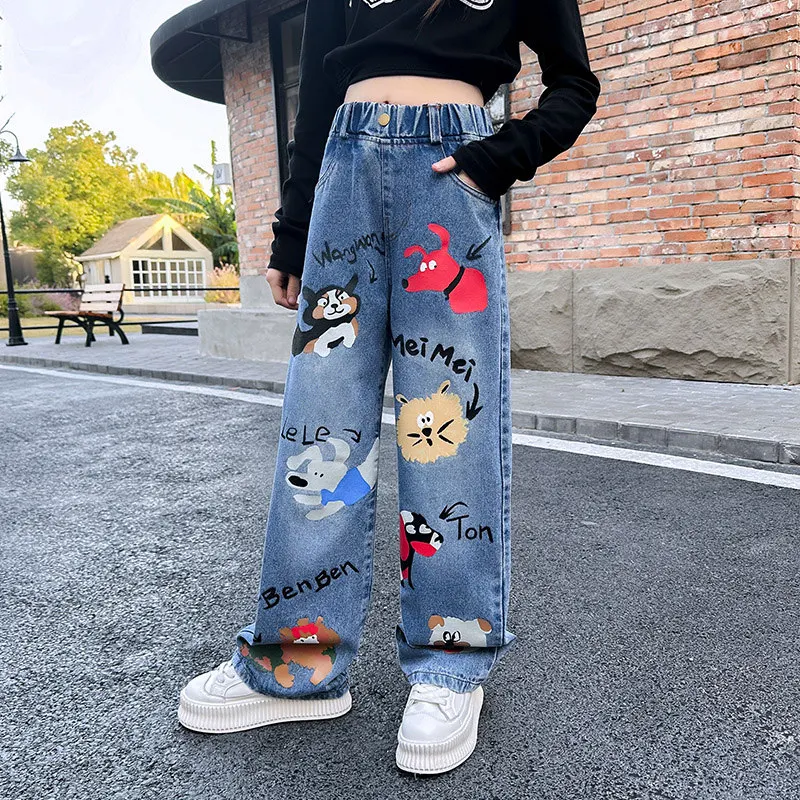 New 2024 Teenage Girls Blue Street Cartoon Print Elastic Mid Waist Loose Denim Jeans Spring Fashion Children Cute Wide Leg Pants