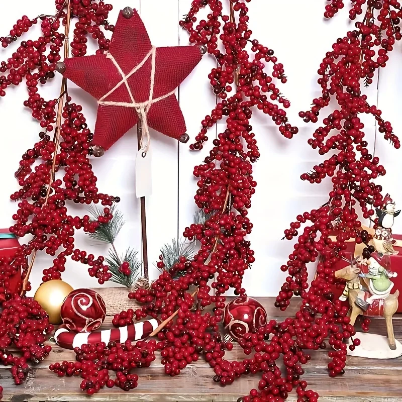 68/74 Inches Artificial Red Berry Garland Vine Holly Fruit Hanging Rattan Christmas Decoration New Year Flowers Decoration