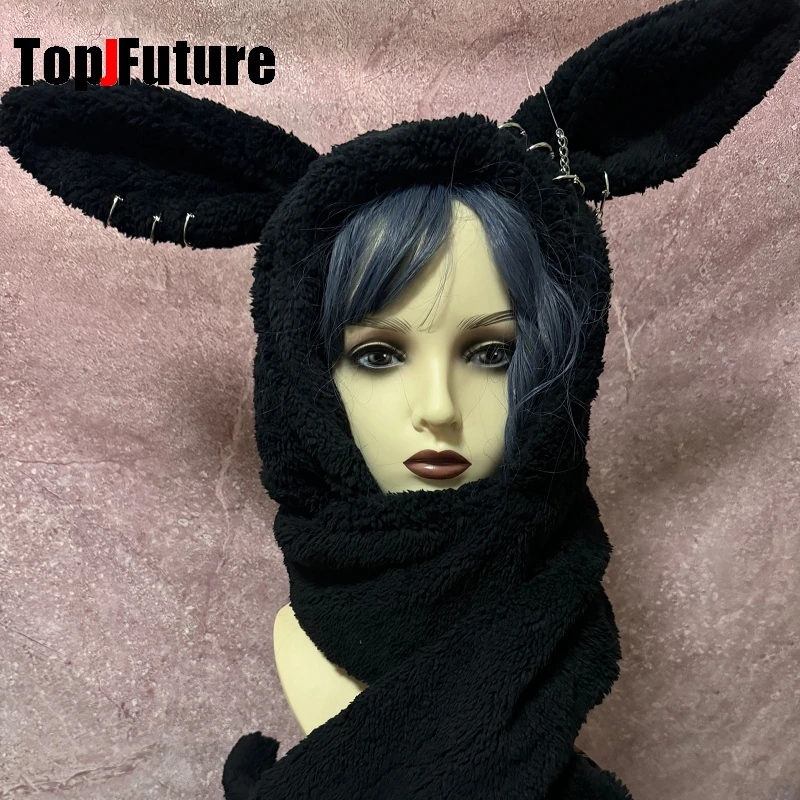 Japanese Harajuku Y2K Girls Long Rabbit Ear Hat Gothic Black Cross Chain Lambswool Winter Warm Hooded Scarf Caps Streetwear Hats