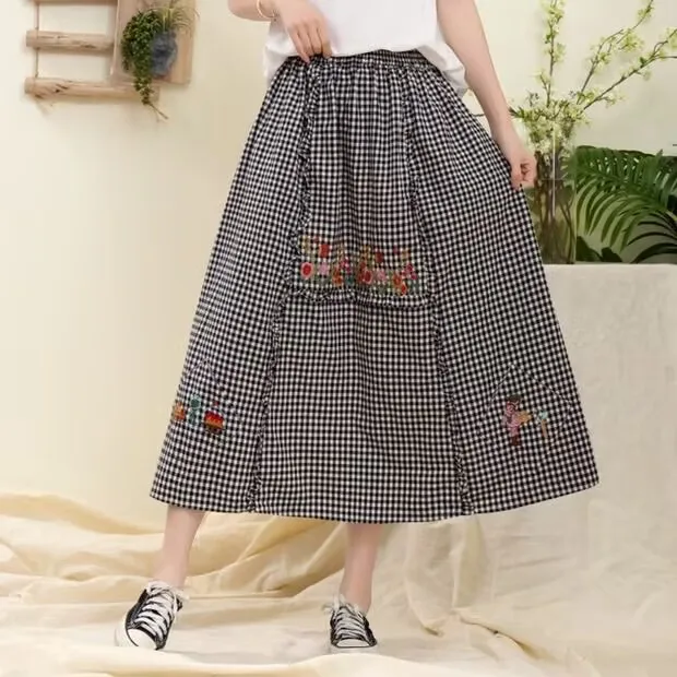 

Women's Vintage Floral Embroidery Dot Skirt Japanese Mori Girl Pleated Long Skirt Female Casual Midi Skirt