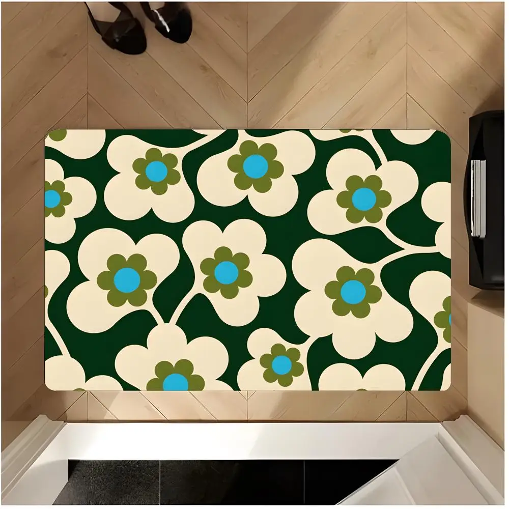 Floor Mat Non-Slip Washable Flannel Door Mat Absorbent Indoor Floor Rug Pattern Retro O-Orla Kiely Flower Print