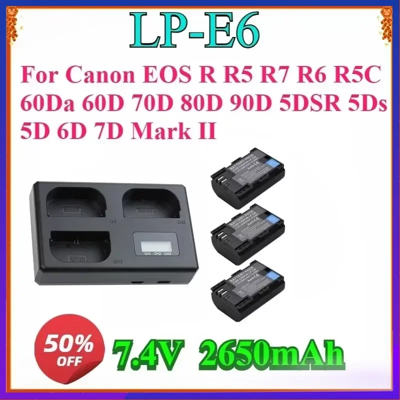 New High-quality 2650mAh LP-E6 LP-E6N Battery for Canon EOS R R5 R7 R6 R5C 60Da 60D 70D 80D 90D 5DSR 5Ds 5D 6D 7D Mark II