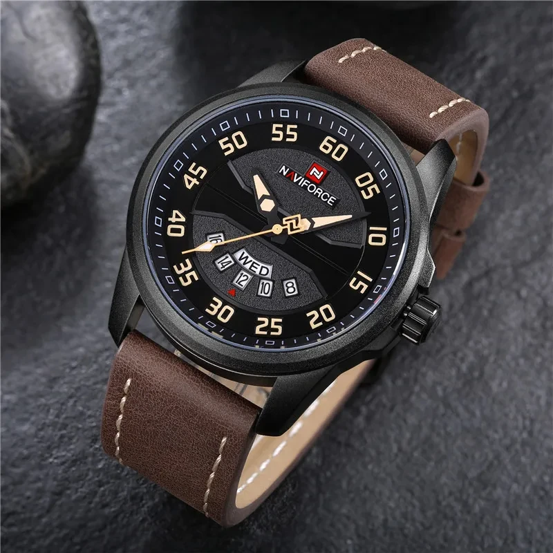 NAVIFORCE Top Brand Luxury Men Watch Date Week Sport Mens Watches Military Army Business Genuine Leather Quartz Male Clock 9124