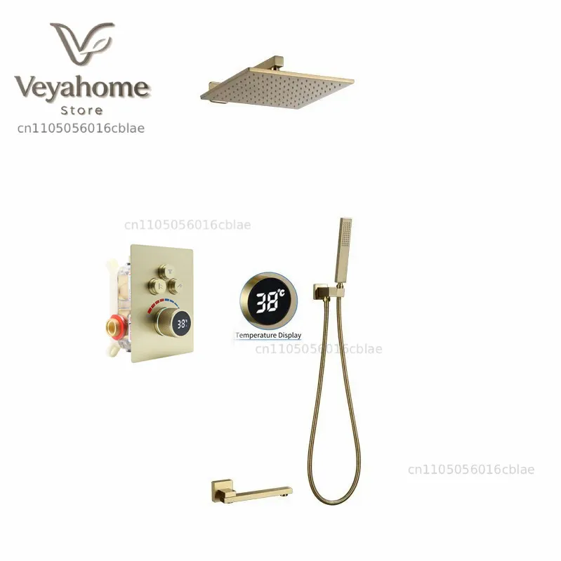 Button 3 or 2 way Digital brushed gold hot and cold  Rain Shower Head Bathroom Brass Bath  Wall Mounted faucet shower set