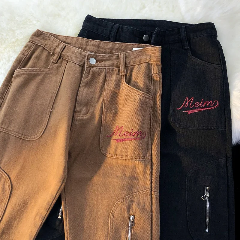 Zipper Flare Work Pants Men Women American Retro Hundred Ins Niche Design Sense Straight Casual Pants Loose Hip Hop Couple Pants