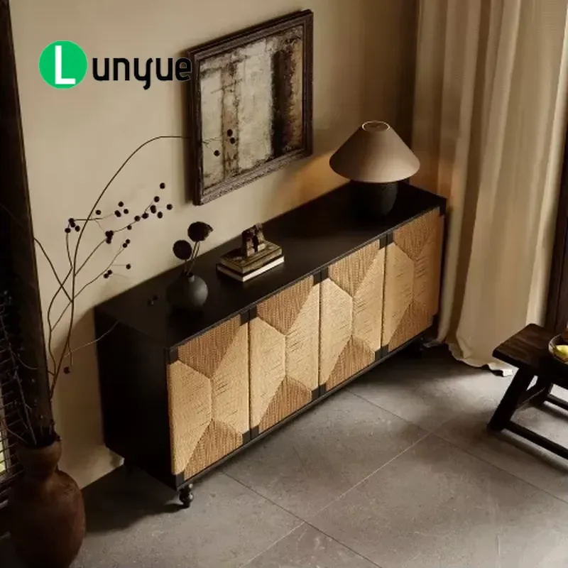 Natural Wooden Sideboard Buffet Storage TV Cabinet with Brushed Seaweed Door for Corridors Entrances Home Furniture