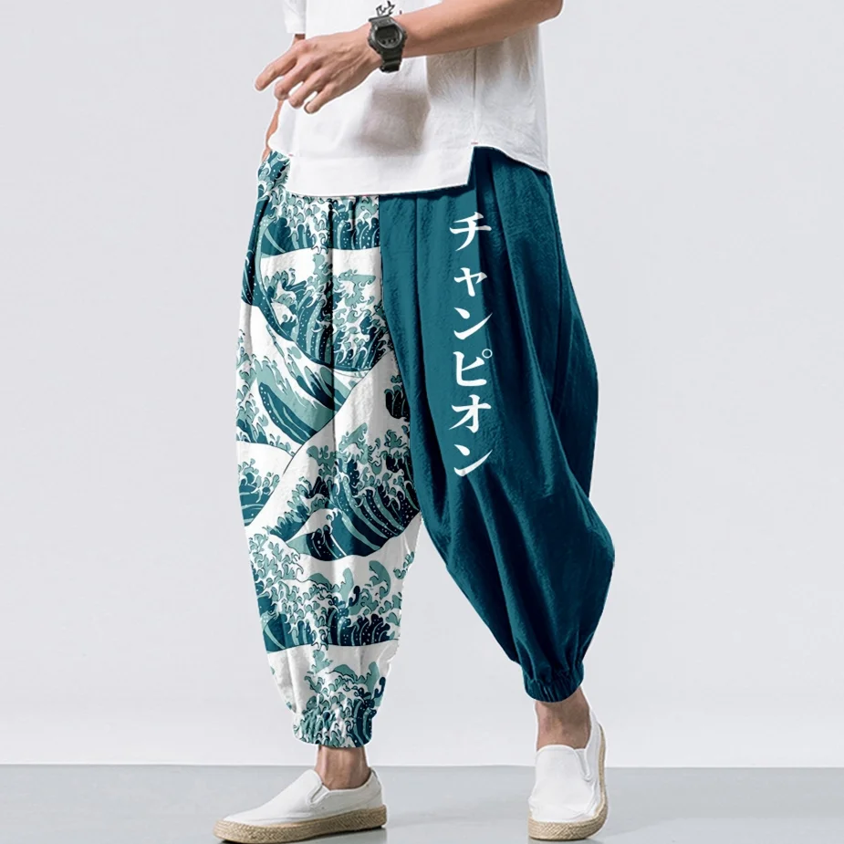 

Kanagawa Wave Retro Plaid Pants Men Fashion Pants Male Elastic Waist Casual Harajuku Style Sweatpants Mens Baggy Loose Trousers
