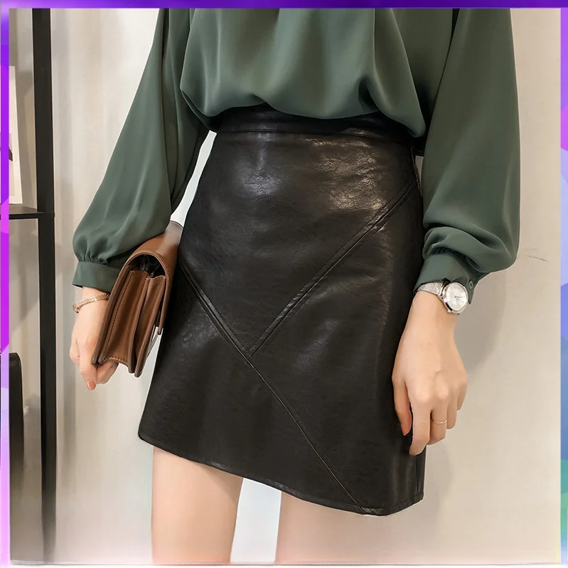 

Autumn Winter New Sle Women's A-Line Skirt High Waist Leather Skirt eepskin Genuine Leather ort Skirt Bodycon Skirt