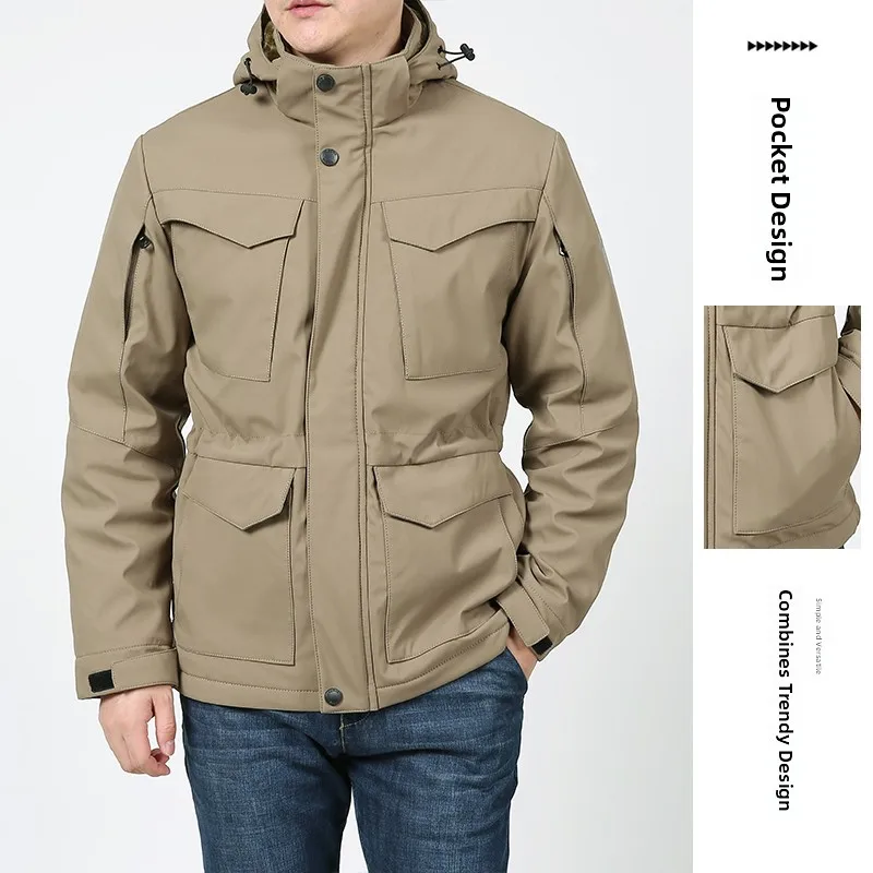 

Мужская утепленная хлопковая куртка средней длины с флисовой подкладкой, водонепроницаемая, для больших размеров