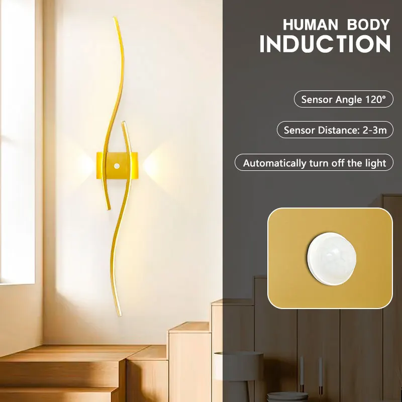 PIR Motion Human Sensor LED Wall Lamps For Bedroom Home Lighting Fixture Black White Gold LED Induction Wall Lights Wall Sconce
