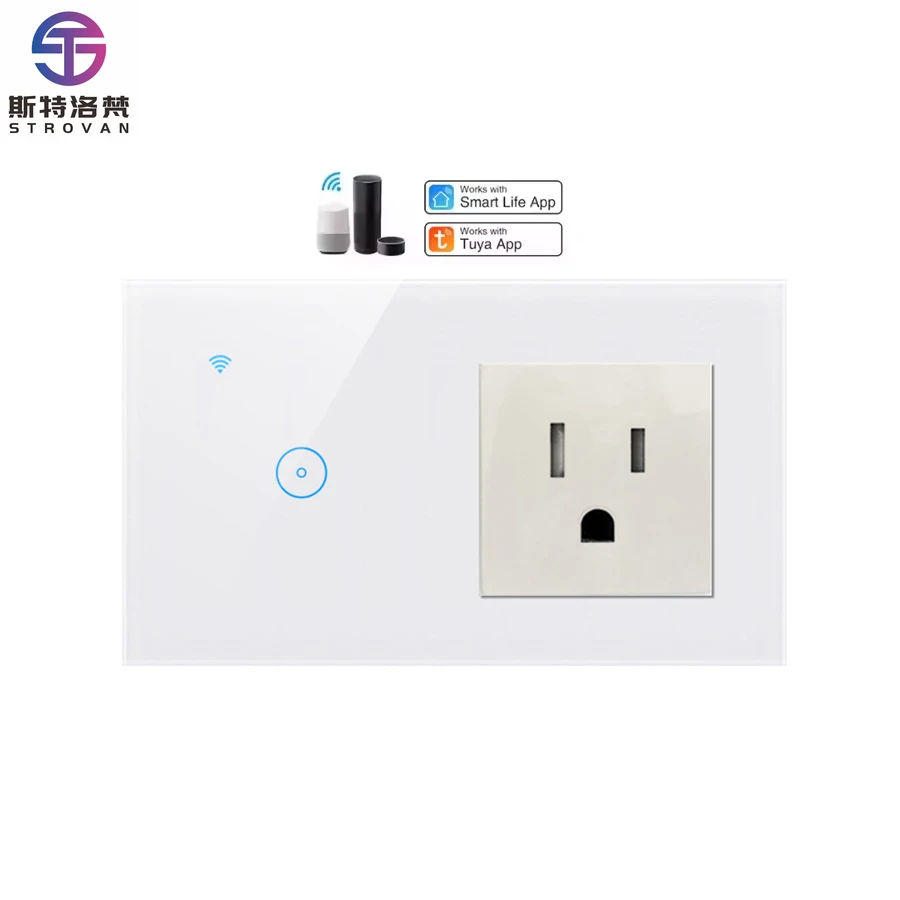 

STLF Tuya Smartlife APP Remote Control Glass Touch Panel WiFi Light Switch Socket 1 Gang US Standard AC Power Switch Socket