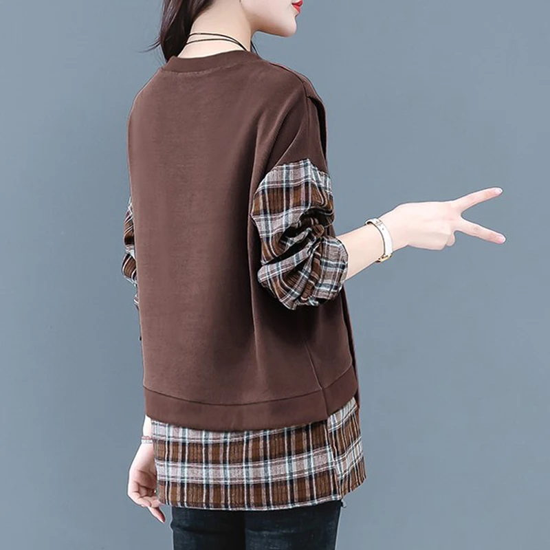 Women Trendy Retro Casual Streetwear Plaid Patchwork Asymmetrical Sweatshirts Y2K Female O Neck Long Sleeve Loose Pullover Tops