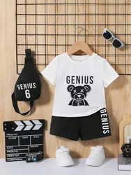 0-2 year old newborn boys and girls summer cartoon printed white short sleeved top+black letter printed shorts set