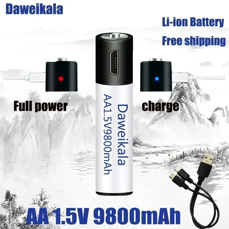 

High capacity 1.5V AA 9800 mAh USB rechargeable li-ion battery for remote control mouse small fan Electric toy battery + Cable