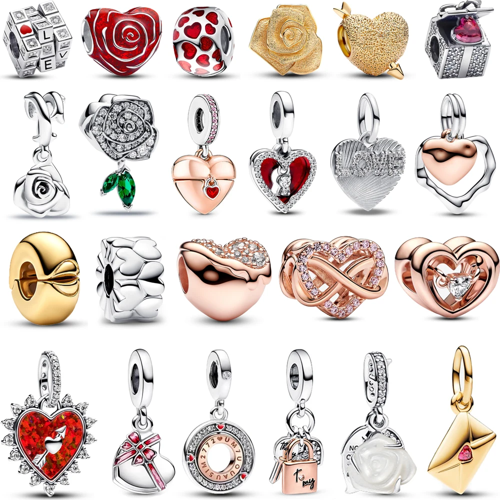 2025 New 925 Sterling Silver Sparkling Gift Box Red Heart Bow & LOVE Heart Shape Dangle Charm Fits Bracelet Valentine's Day Gift