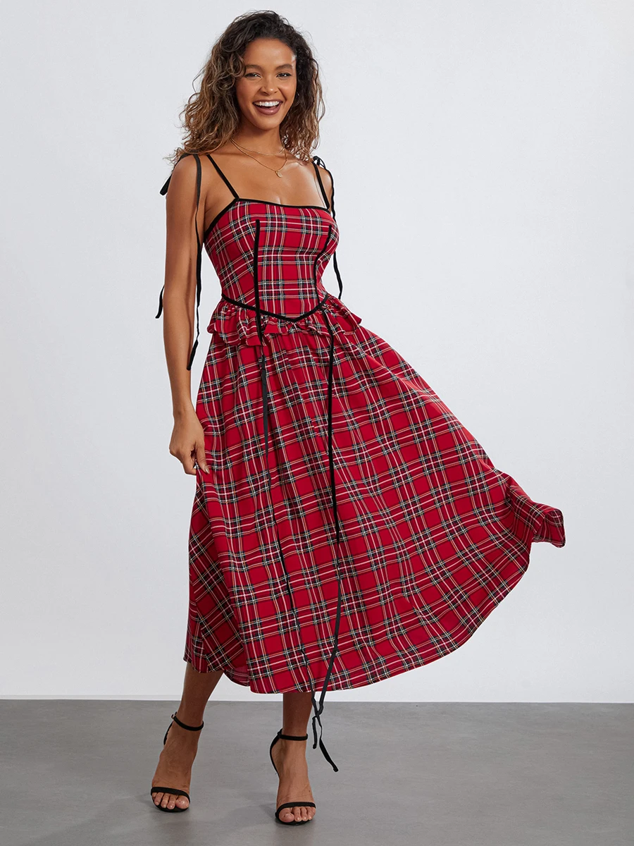 Women Summer Midi Cami Dress Red Sleeveless Backless Spaghetti Strap Plaid Party Dress