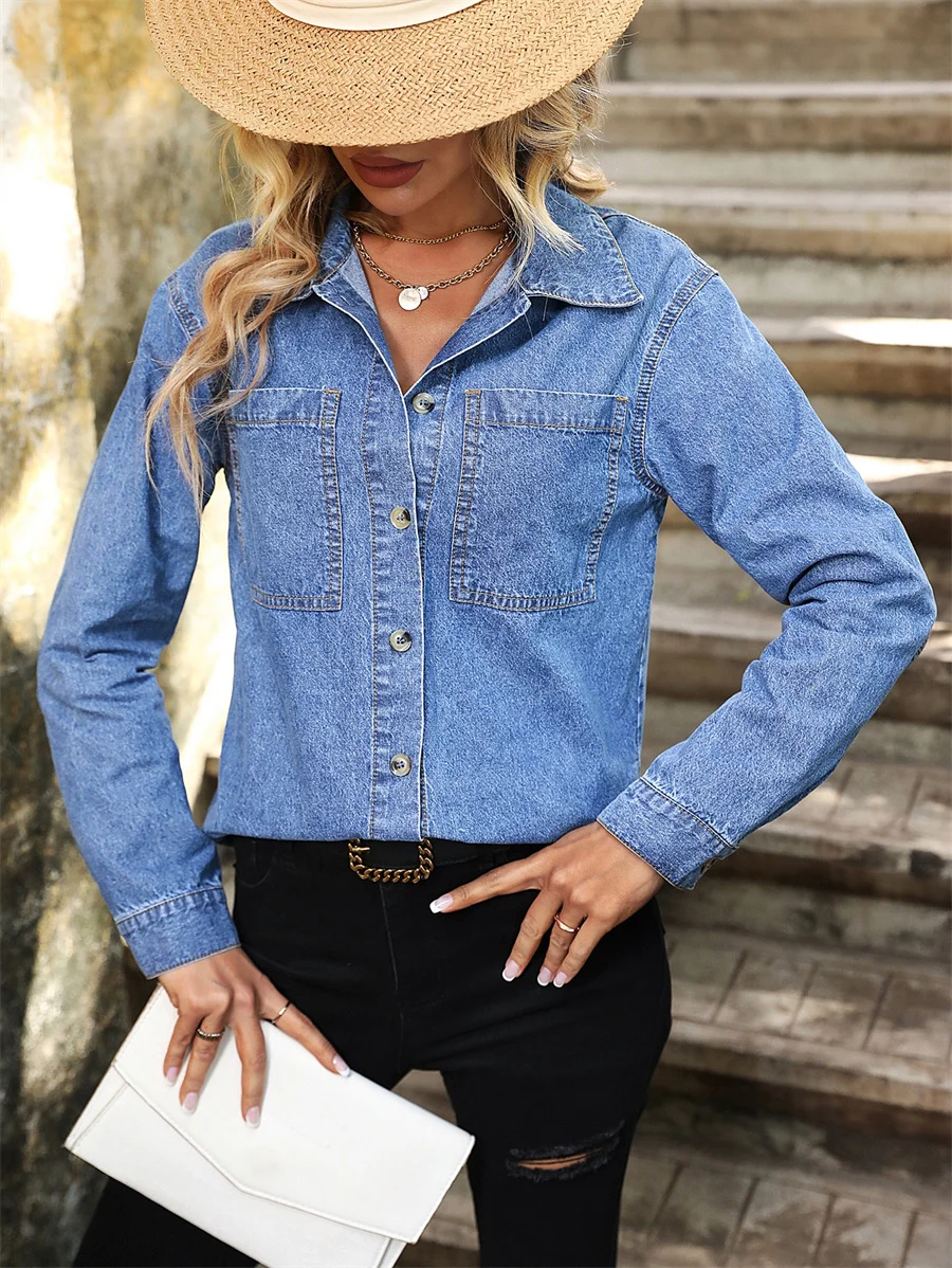 

Benuynffy Fashion Loose Washed Raw Hem Denim Shirts Women's Autumn New Pockets Casual Long Sleeve Button Up Shirts And Blouses