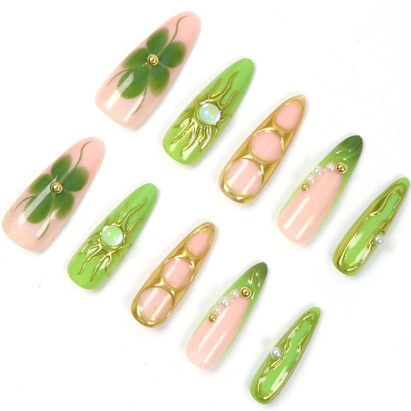 Y2k 10 Stück lange Mandel-Kunstnägel, vergoldete Blumen- und Perlendekoration, Katzenaugen-Design, Strass-Dekoration, künstliche Nägel