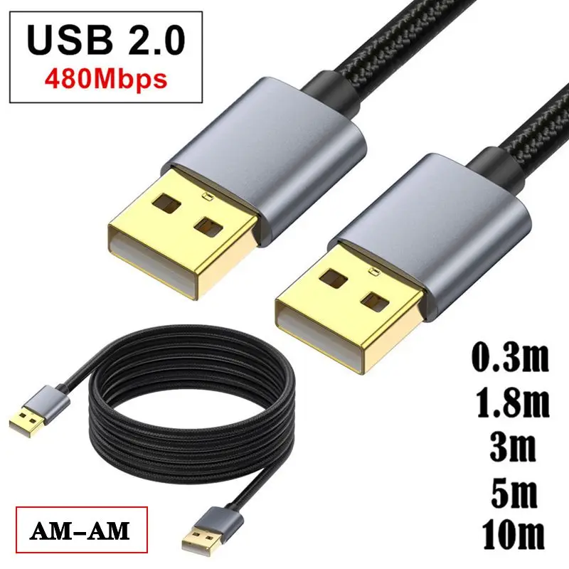 Gold Plated Metal Shell Cotton Mesh USB 2.0 Type A Male to Male Hard Drive Data Cable 480Mbps For Digital Cameras, Printers, Etc