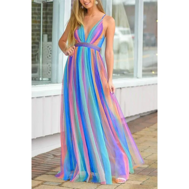 

Rainbow Chiffon Spaghetti Strap Dresses Women Sexy Deep V-neck Backless Long Dress Fashion Elegant Ladies Evening Party Vestidos