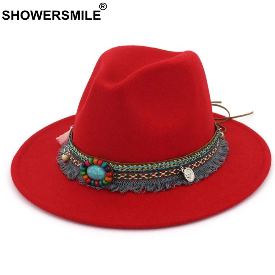 SHOWERSMILE różowy Fedora damskie Vintage filcowy kapelusz kobiety na co dzień etniczny styl duży rondo Tweed jesienno-zimowy czapka jazzowa czerwony czarny 2024