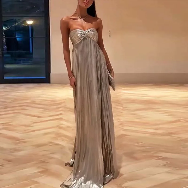 Silver Sexy Gowns Evening Dress Woman Spring Strapless High Waist Pleated Long Dresses Summer New Backless Side Split Maxi Dress