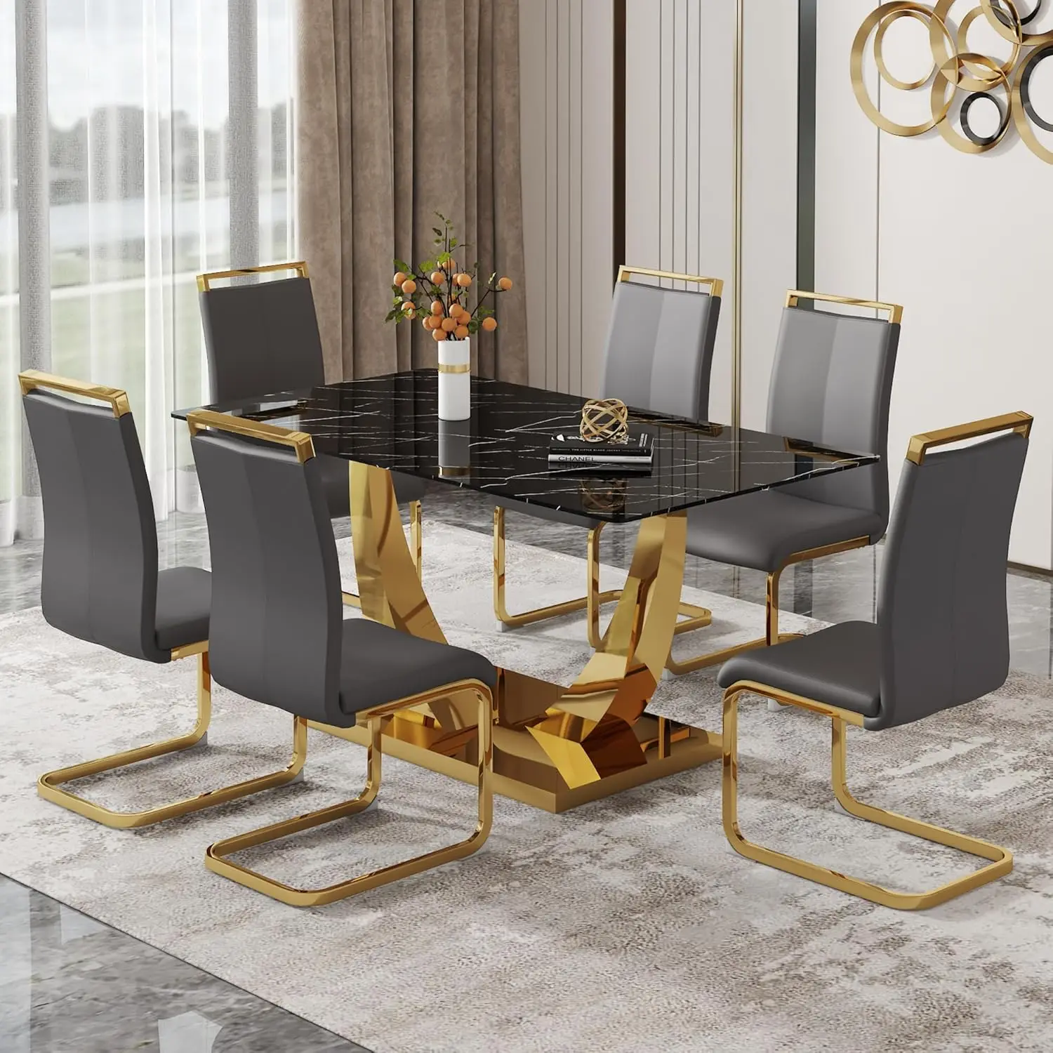 Ensemble de table de salle à manger rectangulaire avec chaises en cuir PU, table de cuisine dorée, noir, moderne, 63 po, 6