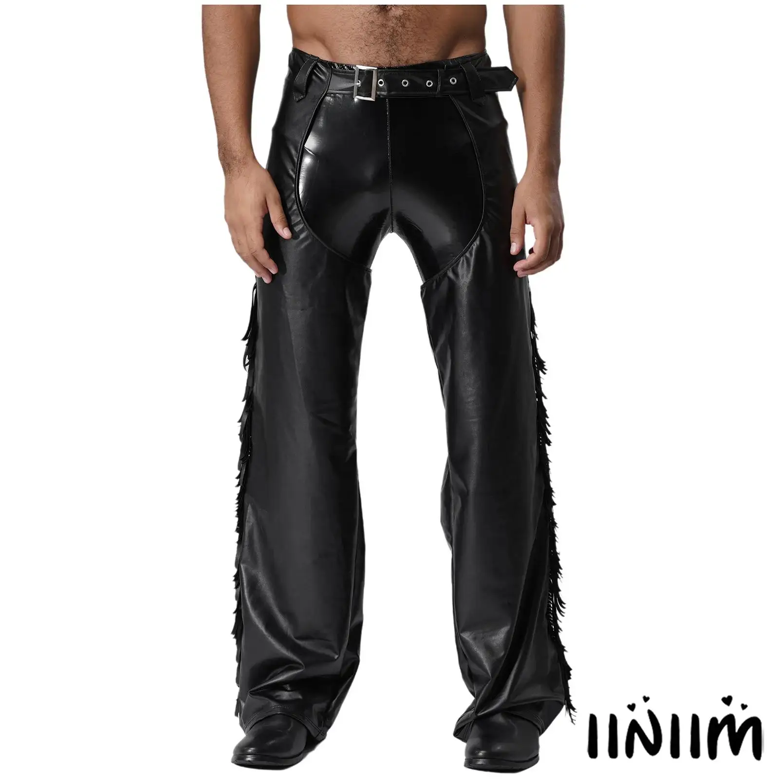 

Cowboy Faux Leather Chaps for Men Western Style Fringed Design with Cutout Sides Zipper Tassel Trousers Halloween Party Costume
