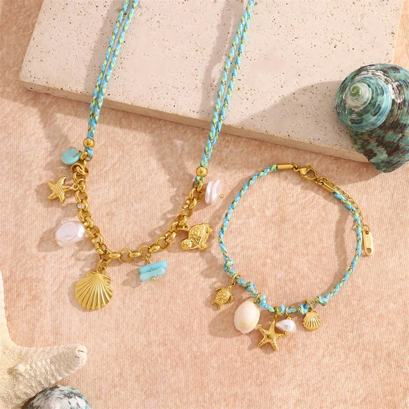 EILIECK Ocean Series Edelstahl Seestern Muschel Anhänger Halskette Armband Set Exklusive Kordelkette Schmuck für Damen – Detail 17