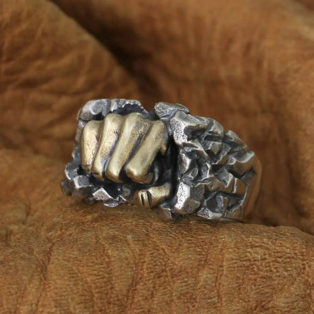 

925 Sterling Silver Brass Powerful Fist Breaking Stone Ring TA77B US Size 7~15 BZ