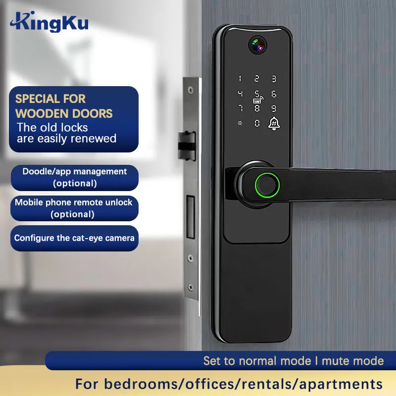 Tuya WIFI Biometric Handle Smart Fingerprint Lock With Camera Card Password Mechanical Key Unlock for Home Peephole