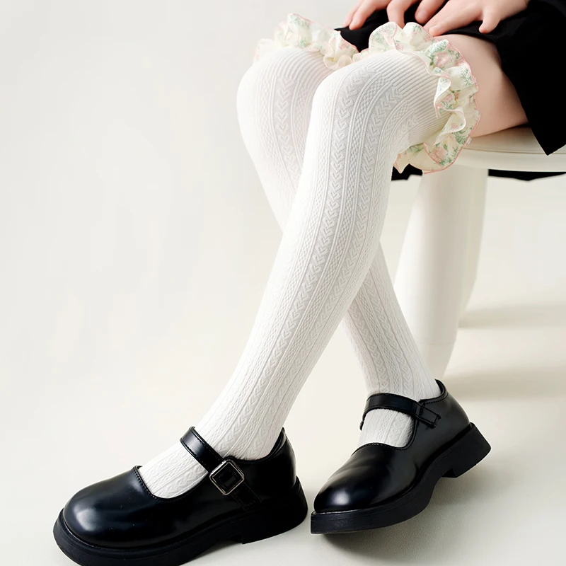 Young Girls Pastoral Tiny Floral Pattern Ruffled Decorative Heart Over Knee Calf Stockings Ventilated Comfort Fabric Long Socks