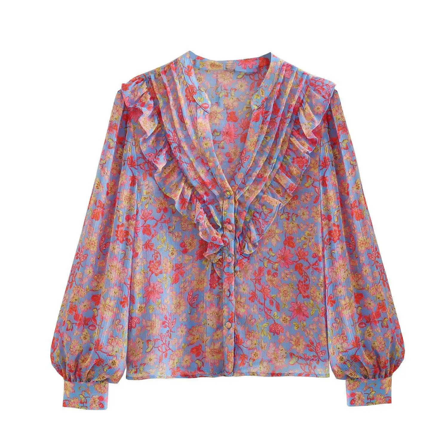 

Women's Long Sleeve Floral Print Shirt Swedish Collar European Style Fashionable Unbranded Ladies' Shirt Floral Patterned Shirt