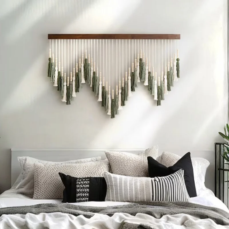 Wall Hanging Tapestry with Wooden Stick Hand-Woven Bohemia Tassel Curtain Living Room Bedroom Decor Wall Art Tassel Wall