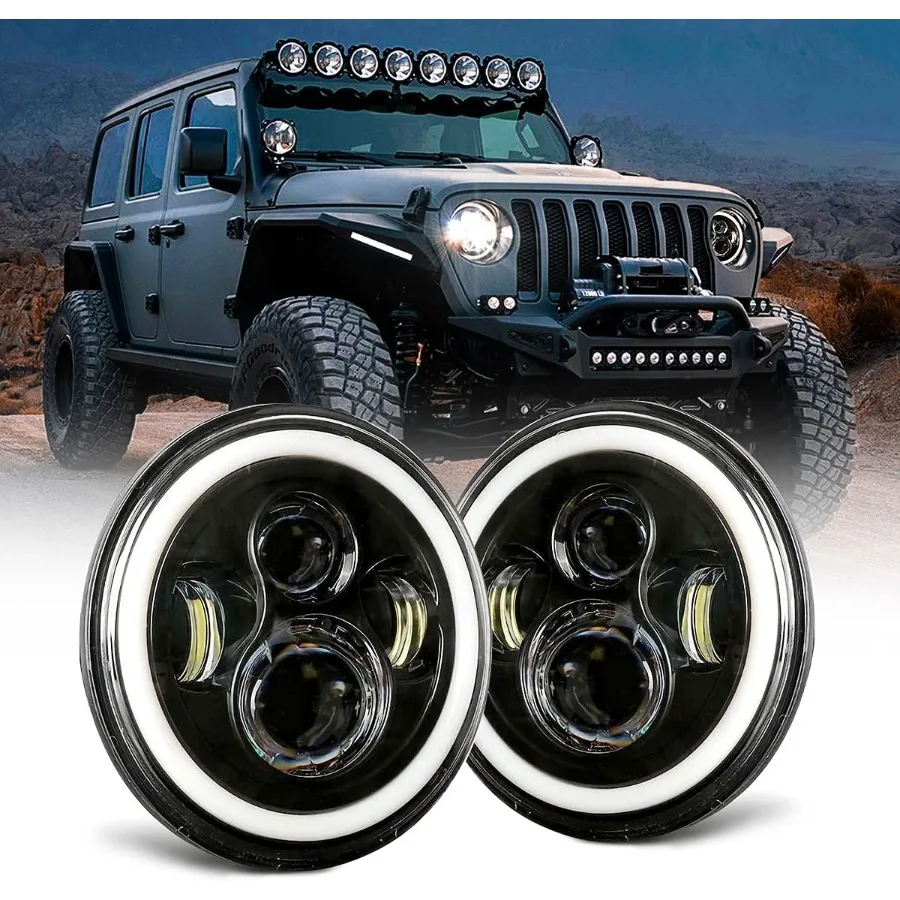 

7 Inch Halo Headlights with Dot Approved Hi Lo Beam and White DRL Amber Turn Signal Angel Eyes for 20072017 Jeep Wrangler JK JK