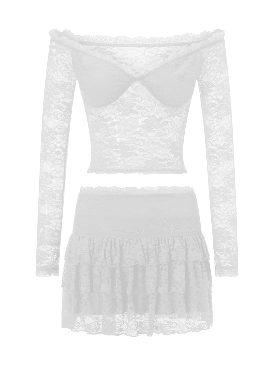 Y2k Coquette Lace Skirt Set Fairycore See Through Off Shoulder Long Sleeve Crop Tops  Mini Skirt Suit 2 Piece Outfits Streetwear